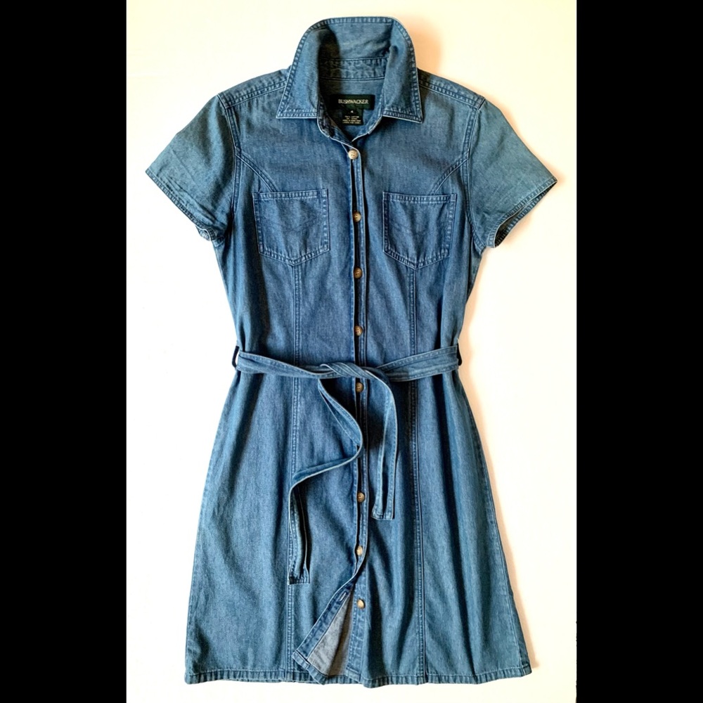 BUSHWACKER Denim Button Down Dress Self Belt Short Sleeves Lightweight